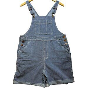 Women's Railroad Striped Short Overalls Side Button Size 6 Blue